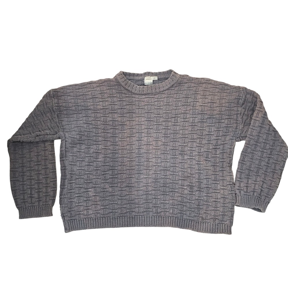 Stains Tony Lambert Mens XL Cotton Basketweave Knit Sweater Gray USA Made